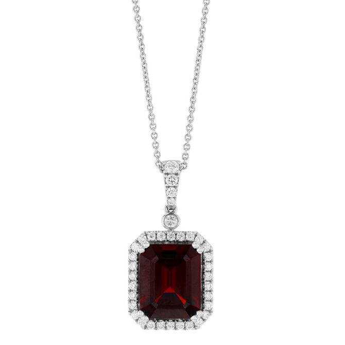 Emerald Cut Garnet & Diamond Halo Pendant in White Gold, 18"