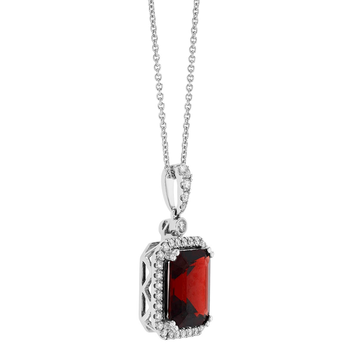Emerald Cut Garnet & Diamond Halo Pendant in White Gold, 18