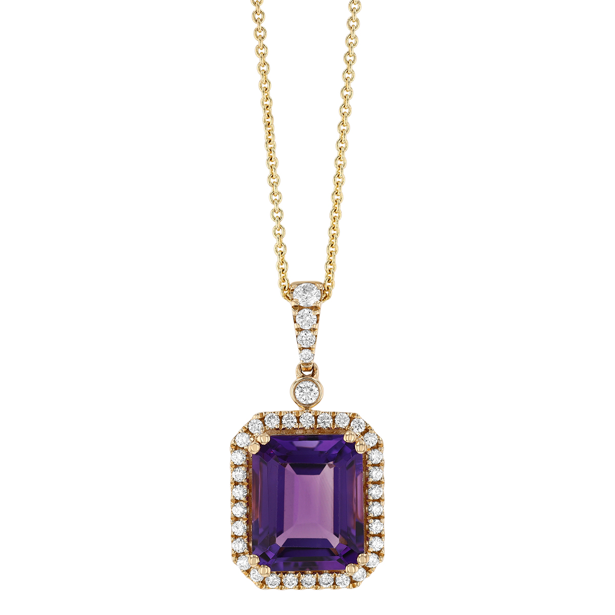 Emerald Cut Amethyst & Diamond Halo Pendant in Yellow Gold, 18