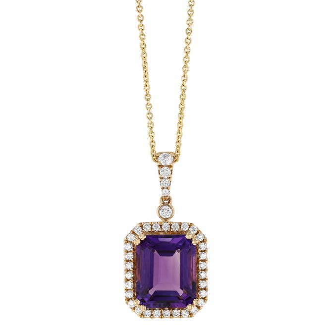 Emerald Cut Amethyst & Diamond Halo Pendant in Yellow Gold, 18"