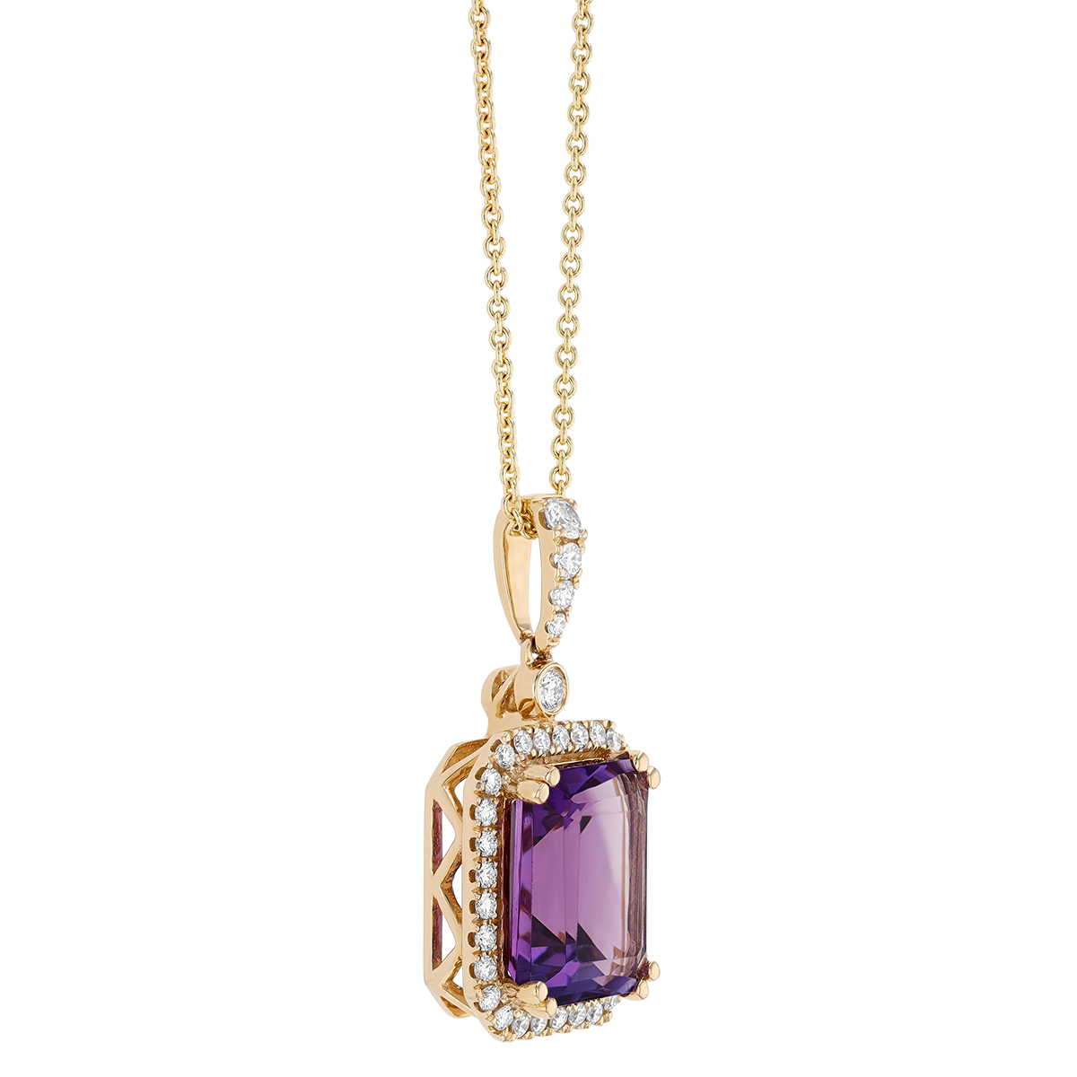 Emerald Cut Amethyst & Diamond Halo Pendant in Yellow Gold, 18