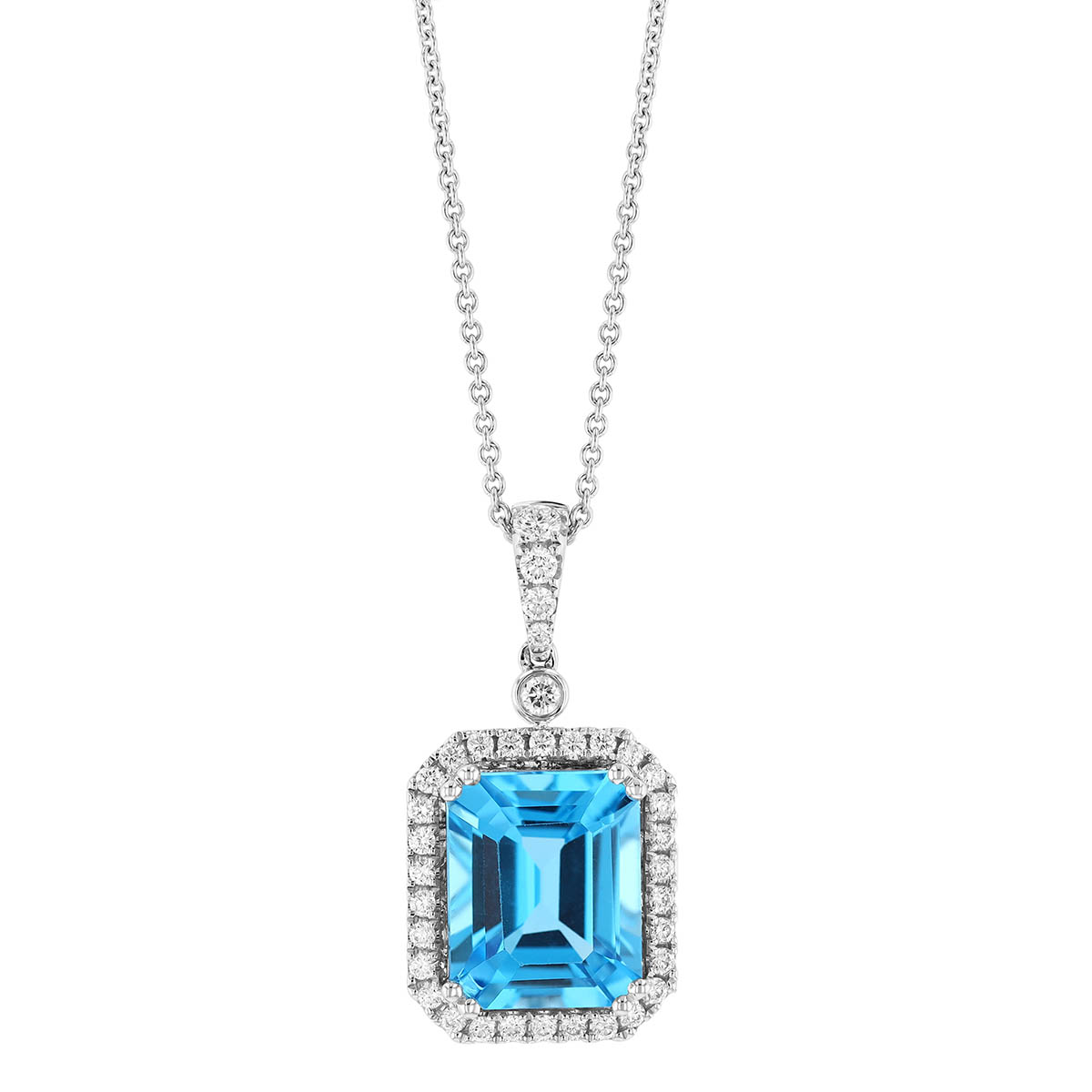 Emerald Cut Topaz & Diamond Halo Pendant in White Gold, 18