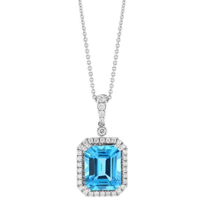 Emerald Cut Topaz & Diamond Halo Pendant in White Gold, 18"