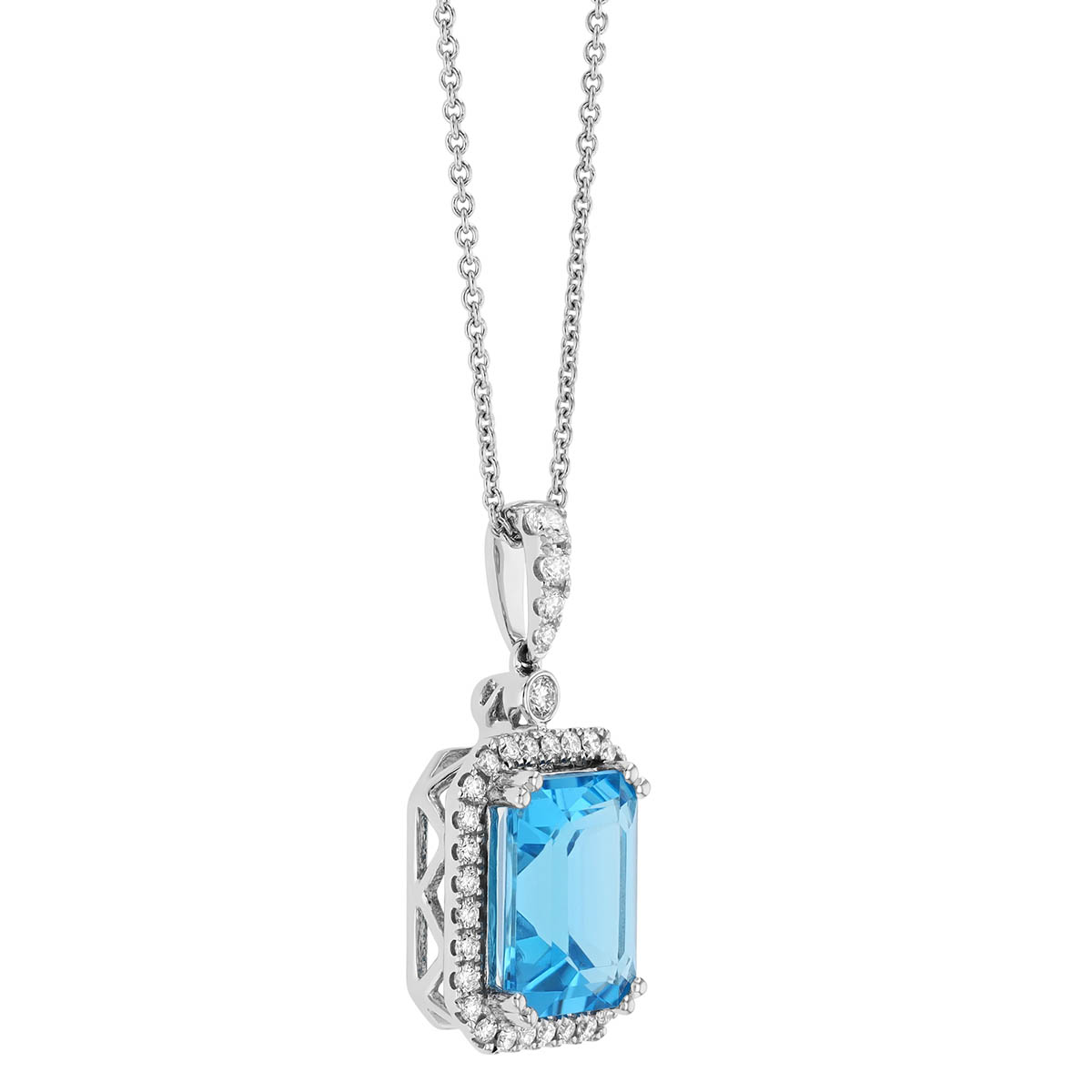 Emerald Cut Topaz & Diamond Halo Pendant in White Gold, 18