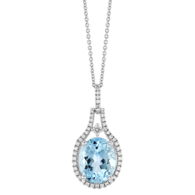 Oval Aquamarine & Diamond Open Halo Pendant in White Gold, 18"