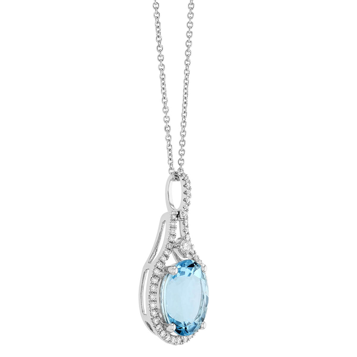 Oval Aquamarine & Diamond Open Halo Pendant in White Gold, 18