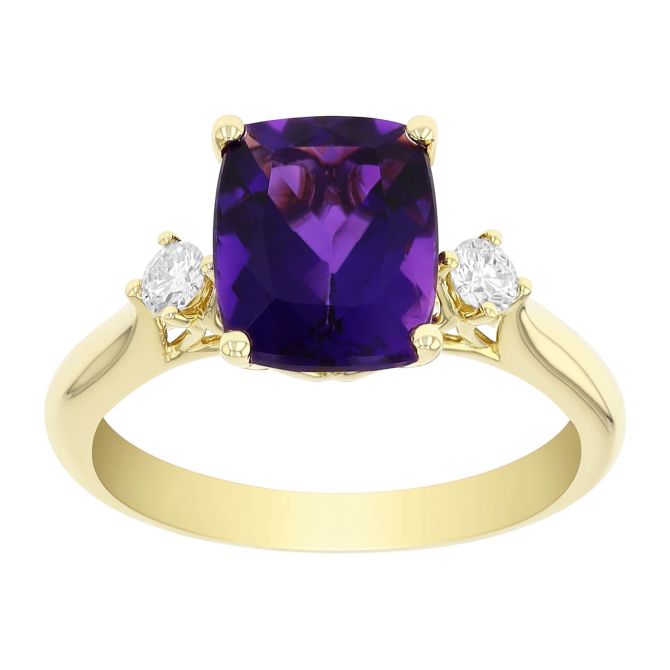 Cushion Cut Amethyst & Diamond 3 Stone Ring in Yellow Gold