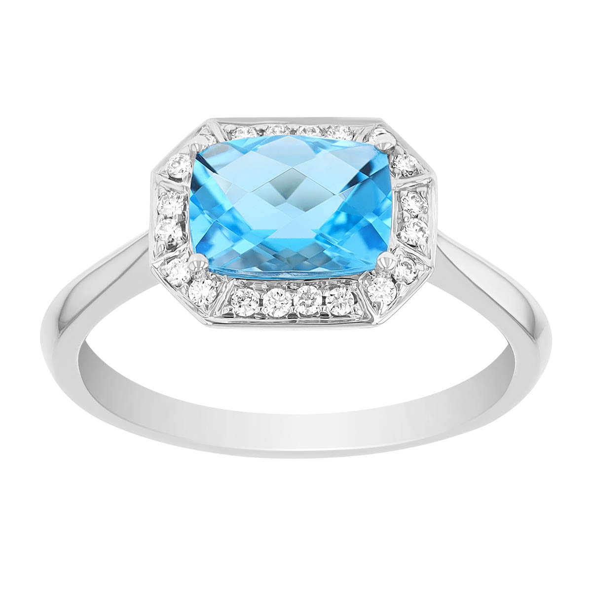Cushion Checkerboard Light Blue Topaz & Diamond Halo Ring in White Gold