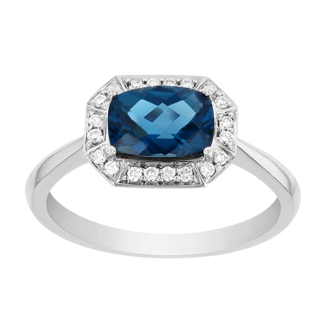Cushion Checkerboard Dark Blue Topaz & Diamond Halo Ring in White Gold