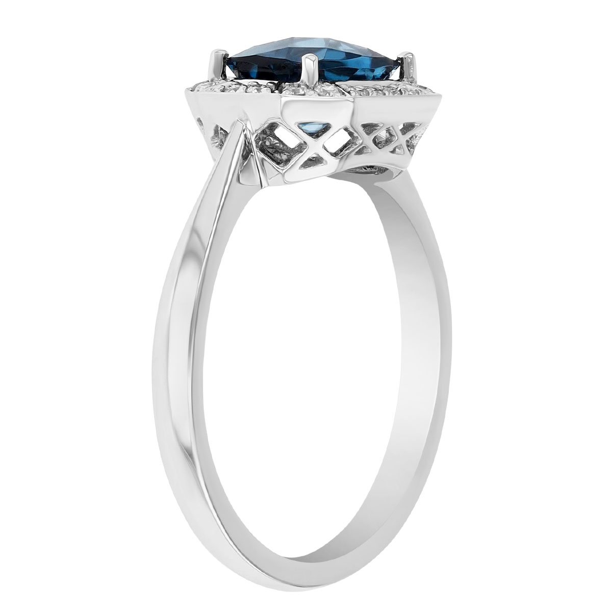 Cushion Checkerboard Dark Blue Topaz & Diamond Halo Ring in White Gold