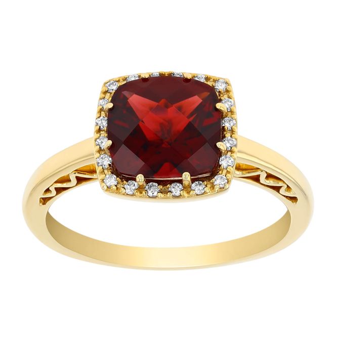 Cushion Checkerboard Garnet & Diamond Halo Ring in Yellow Gold