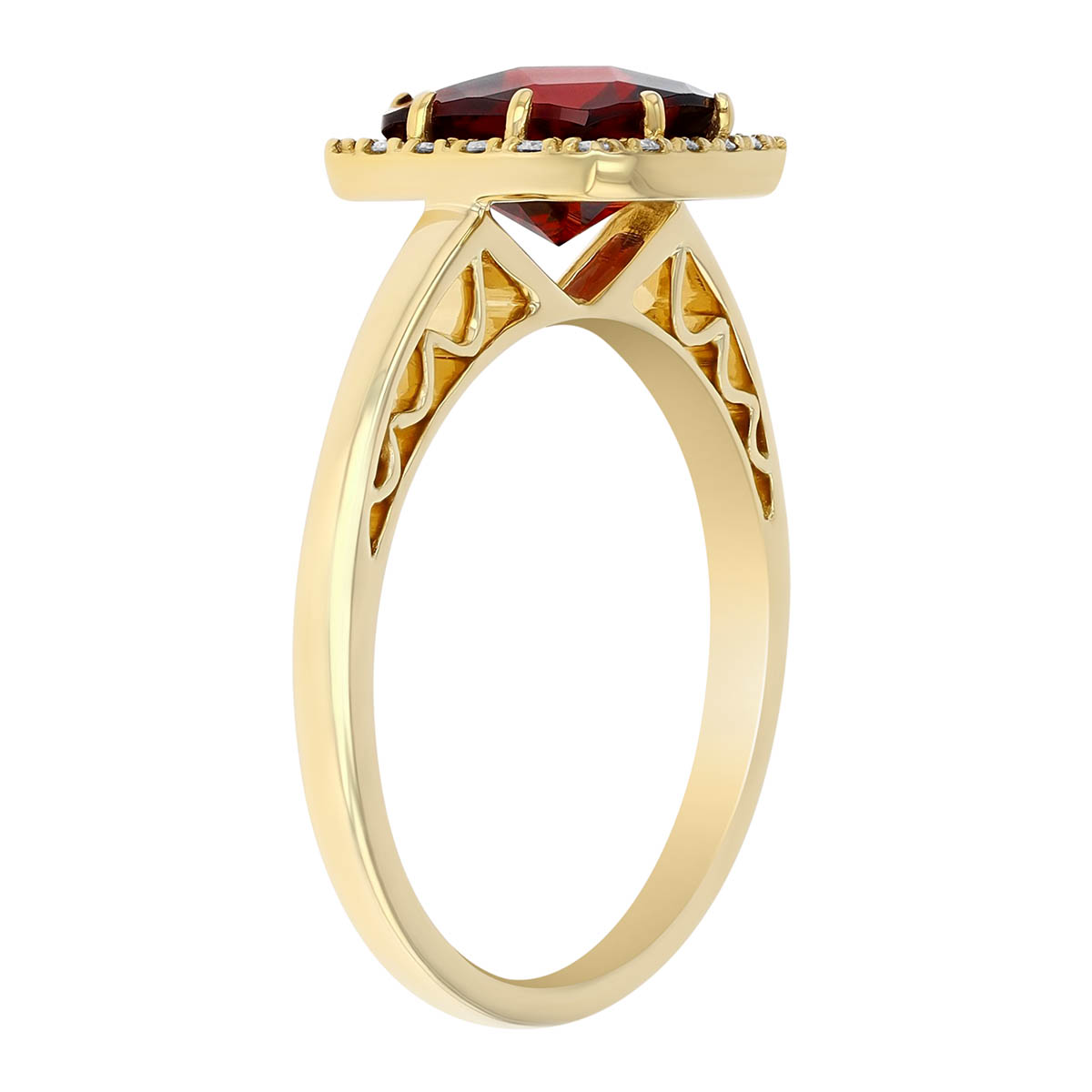 Cushion Checkerboard Garnet & Diamond Halo Ring in Yellow Gold