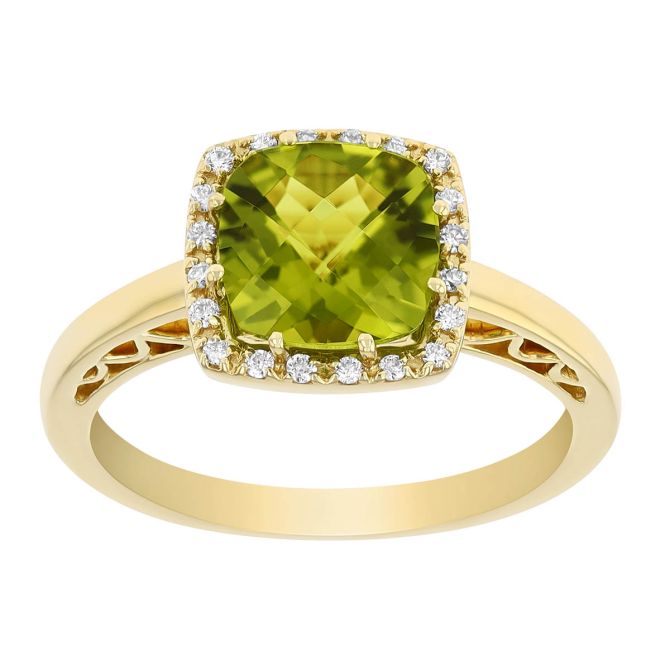 Cushion Checkerboard Peridot & Diamond Halo Ring in Yellow Gold