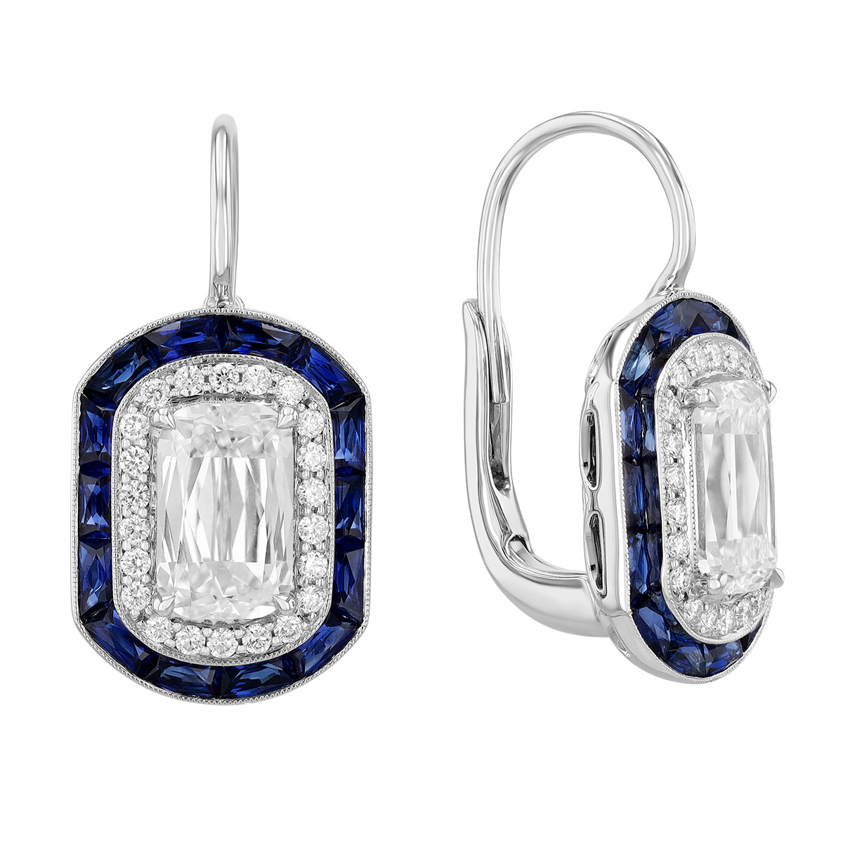 Kwiat Ashoka Diamond & Baguette Sapphire Halo Drop Earrings in White Gold