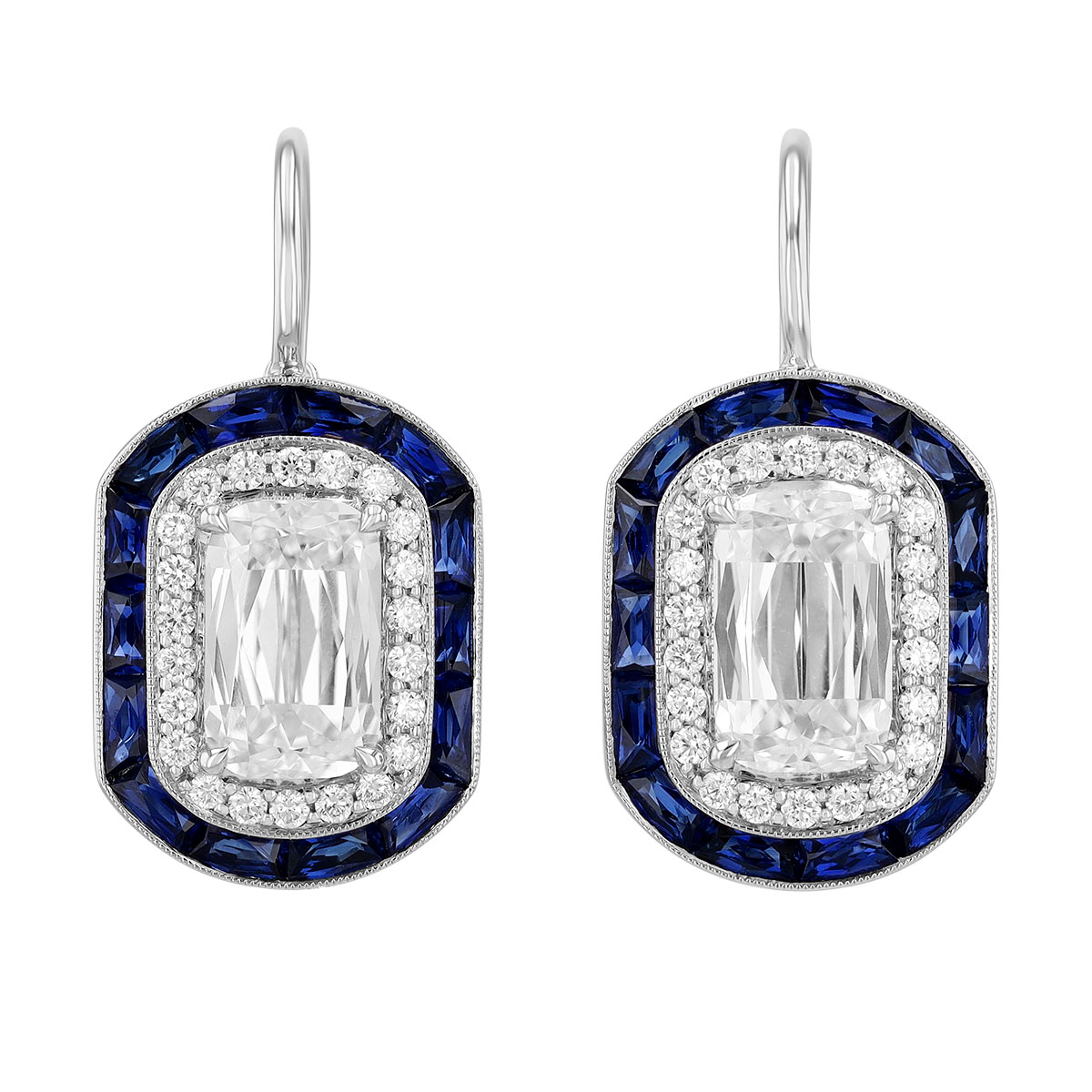 Kwiat Ashoka Diamond & Baguette Sapphire Halo Drop Earrings in White Gold