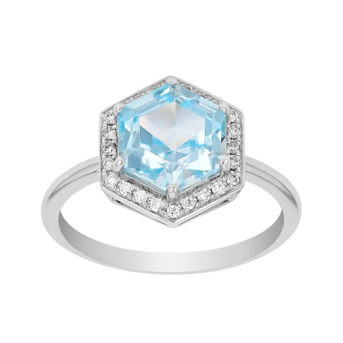 Doves Hexagon Topaz & Diamond Halo Ring in White Gold