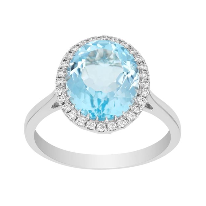 Doves Oval Topaz & Diamond Halo Ring in White Gold