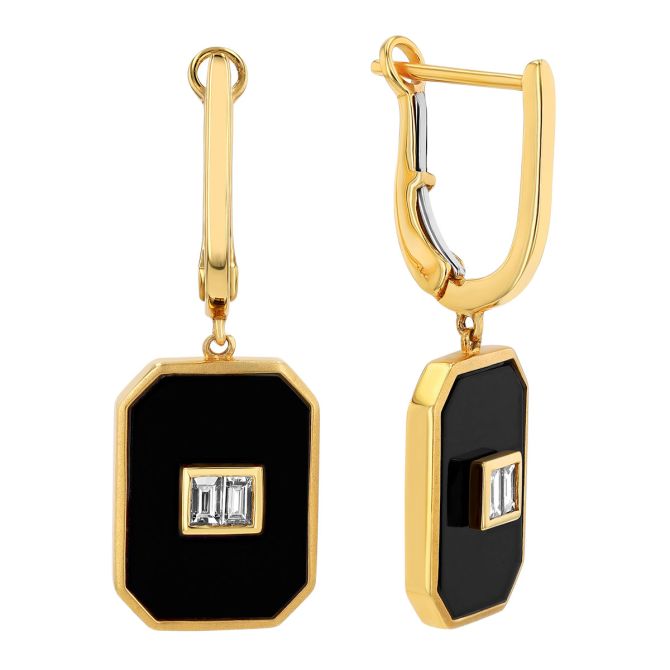 Doves Diamond & Black Onyx Chalcedony Geometric Dangle Hoop Earrings in Yellow Gold