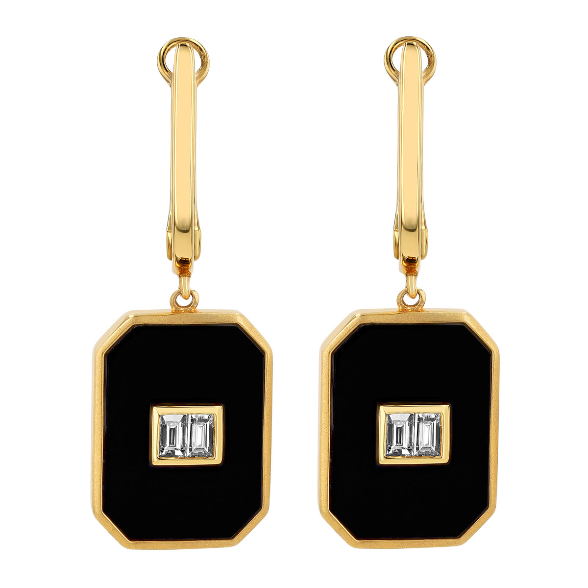 Doves Diamond & Black Onyx Chalcedony Geometric Dangle Hoop Earrings in Yellow Gold