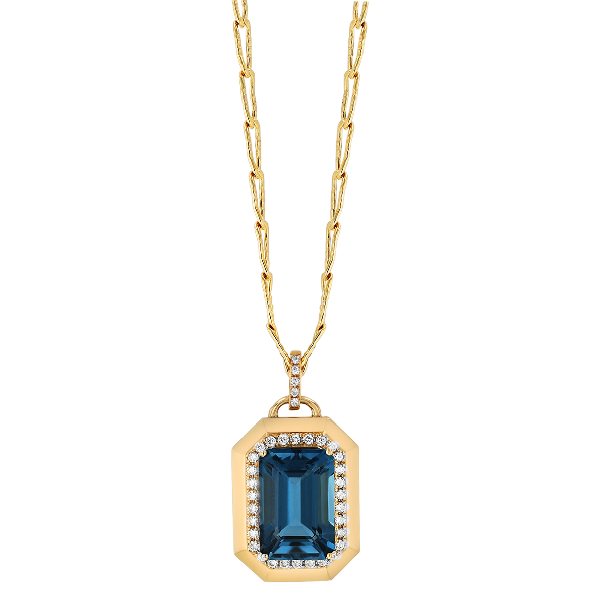 Doves London Blue Emerald Cut Topaz & Diamond Pendant in Yellow Gold, 18