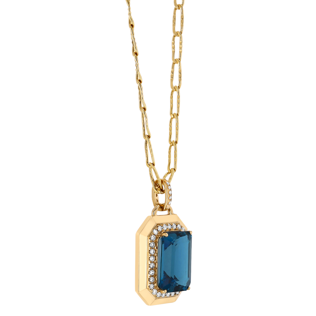 Doves London Blue Emerald Cut Topaz & Diamond Pendant in Yellow Gold, 18