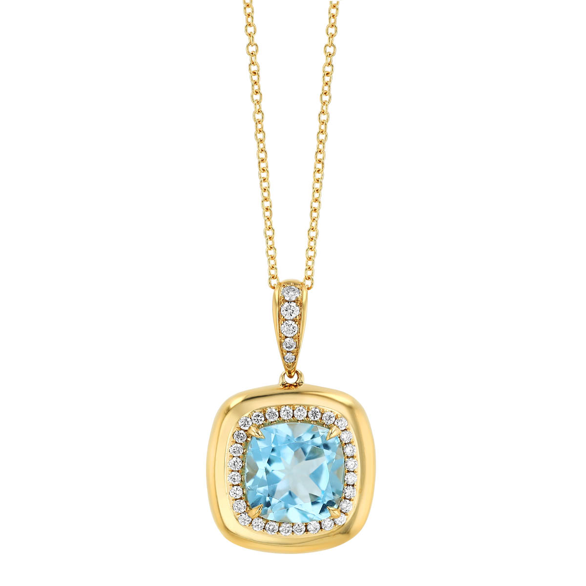 Doves Cushion Cut Topaz & Diamond Halo Pendant in Yellow Gold, 18