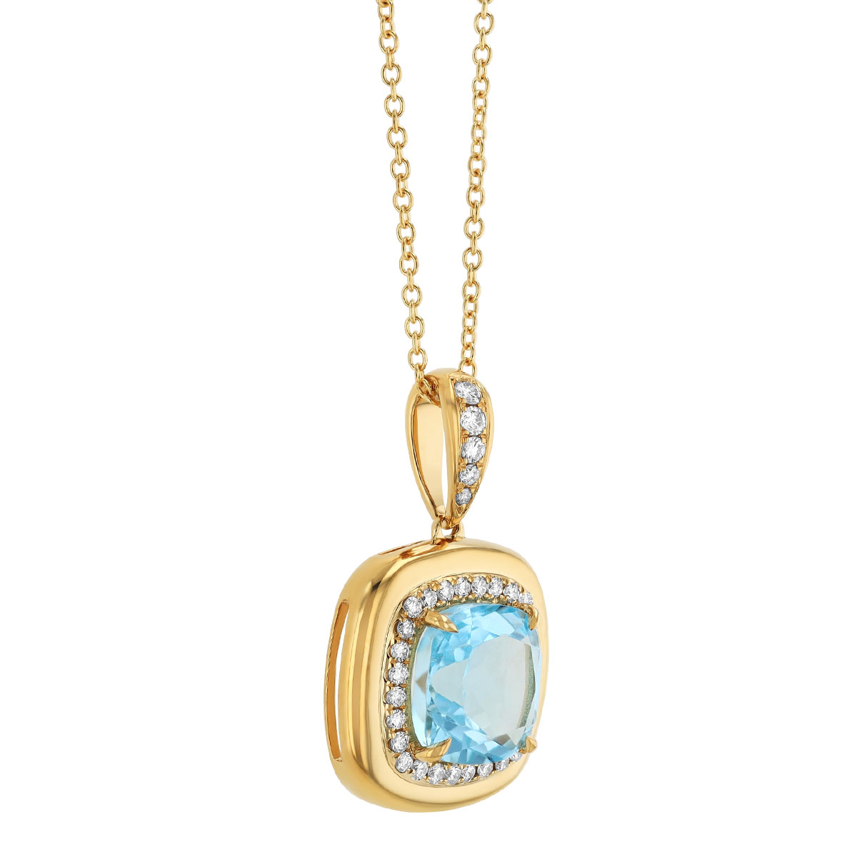Doves Cushion Cut Topaz & Diamond Halo Pendant in Yellow Gold, 18