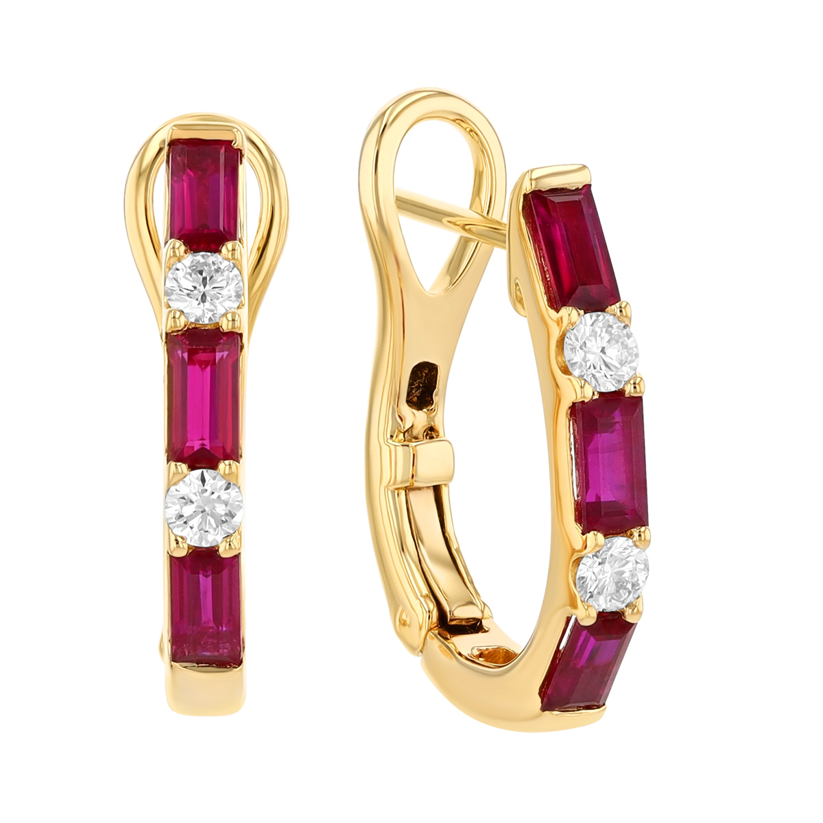 Baguette Ruby & Round Diamond Huggie Hoop Earrings in Yellow Gold