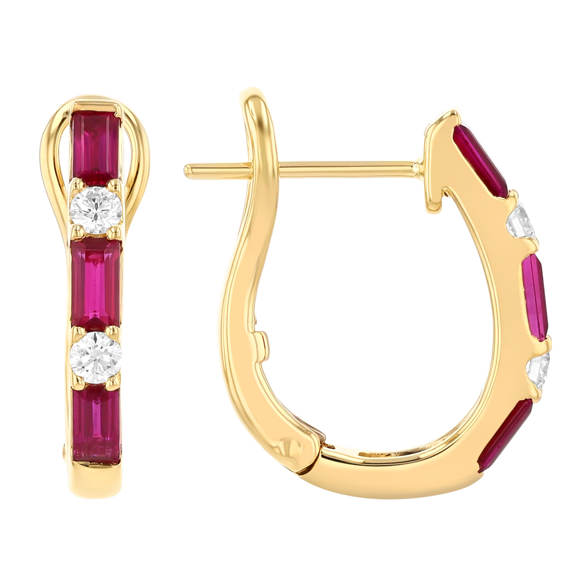 Baguette Ruby & Round Diamond Huggie Hoop Earrings in Yellow Gold