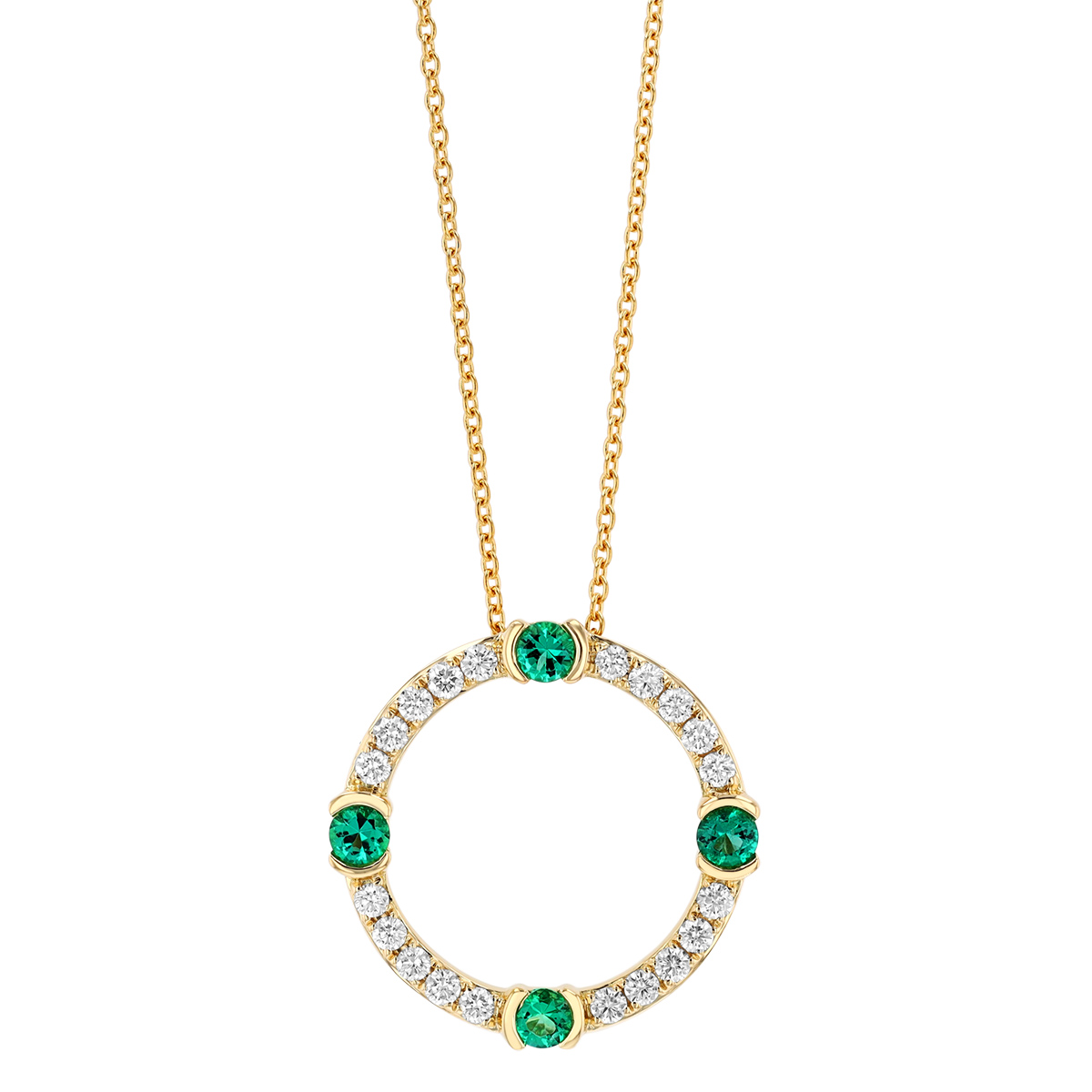 Diamond & Emerald Quartet Open Circle Pendant in Yellow Gold