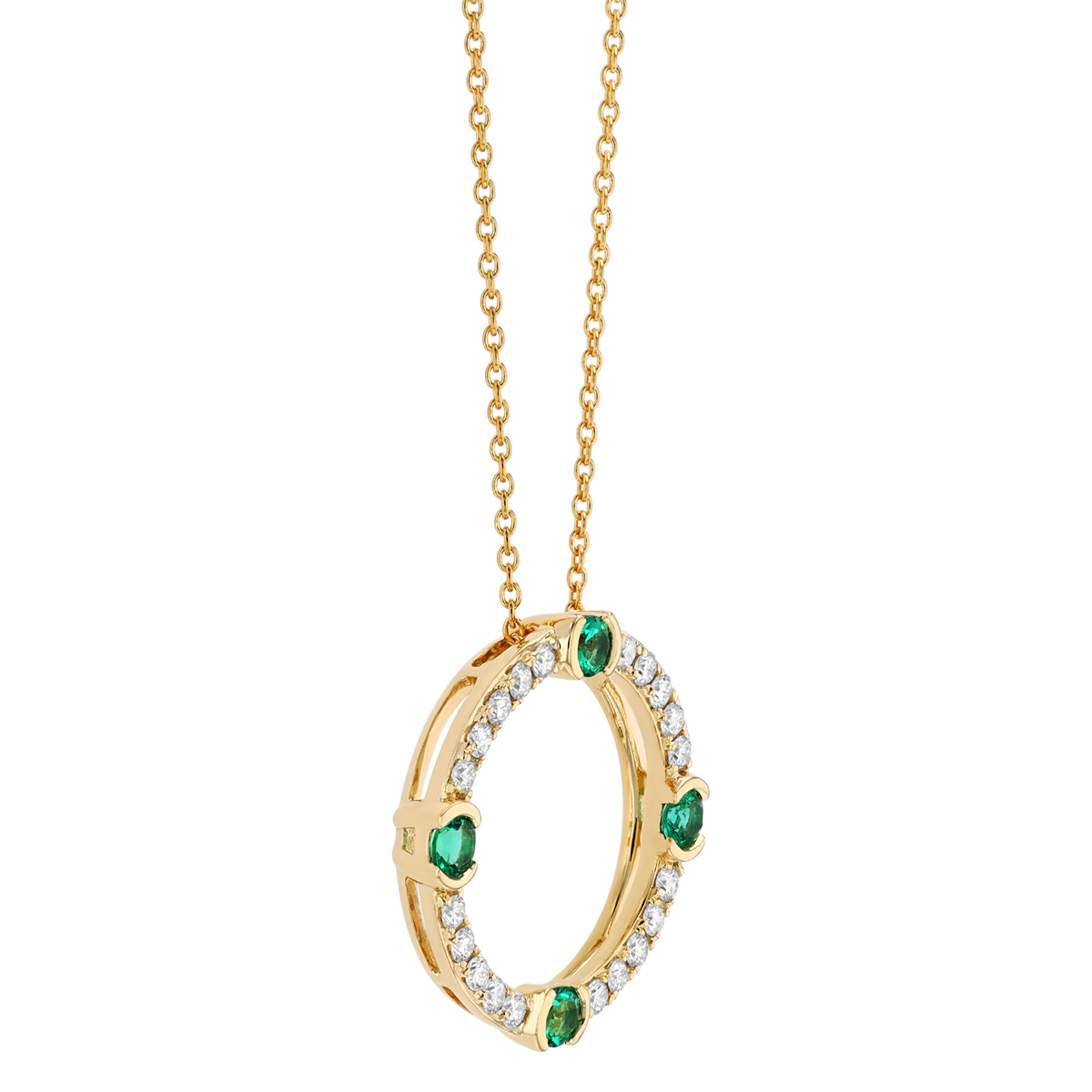 Diamond & Emerald Quartet Open Circle Pendant in Yellow Gold