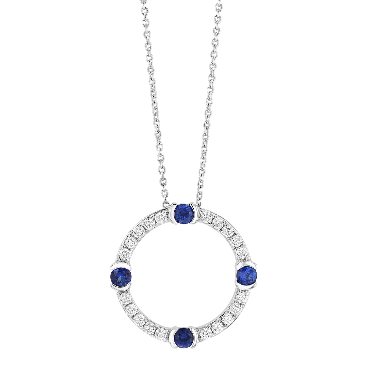 Diamond & Sapphire Quartet Open Circle Pendant in White Gold