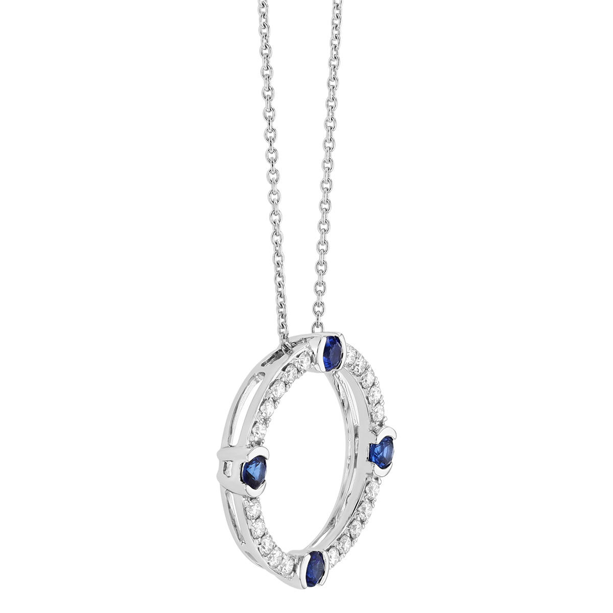 Diamond & Sapphire Quartet Open Circle Pendant in White Gold