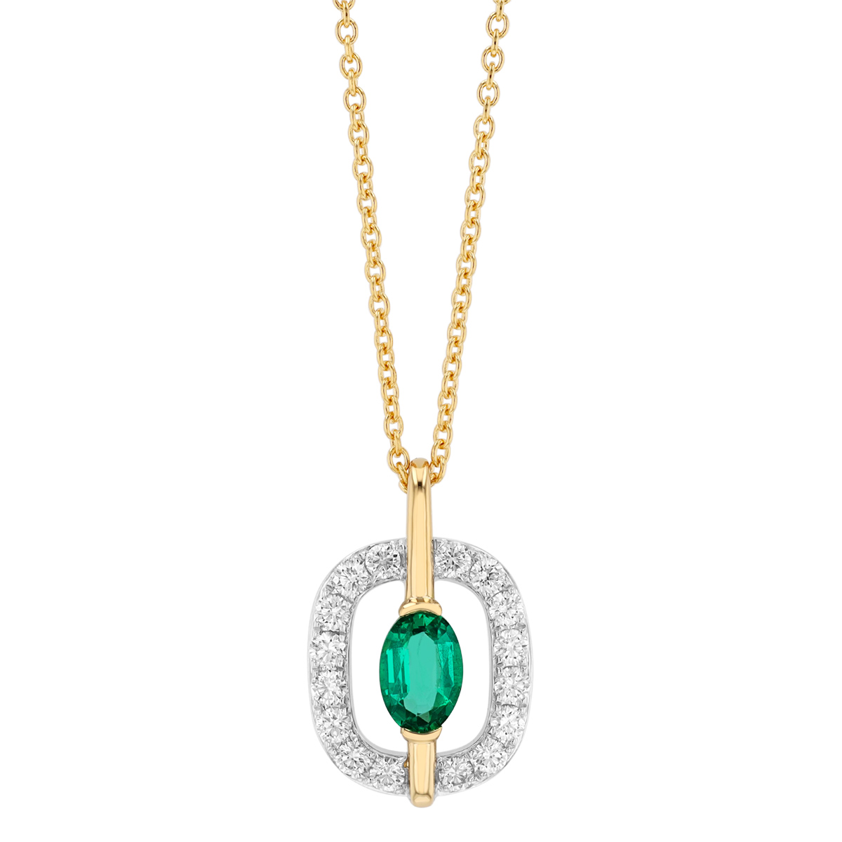 Oval Emerald & Diamond Square Pendant in Two Tone