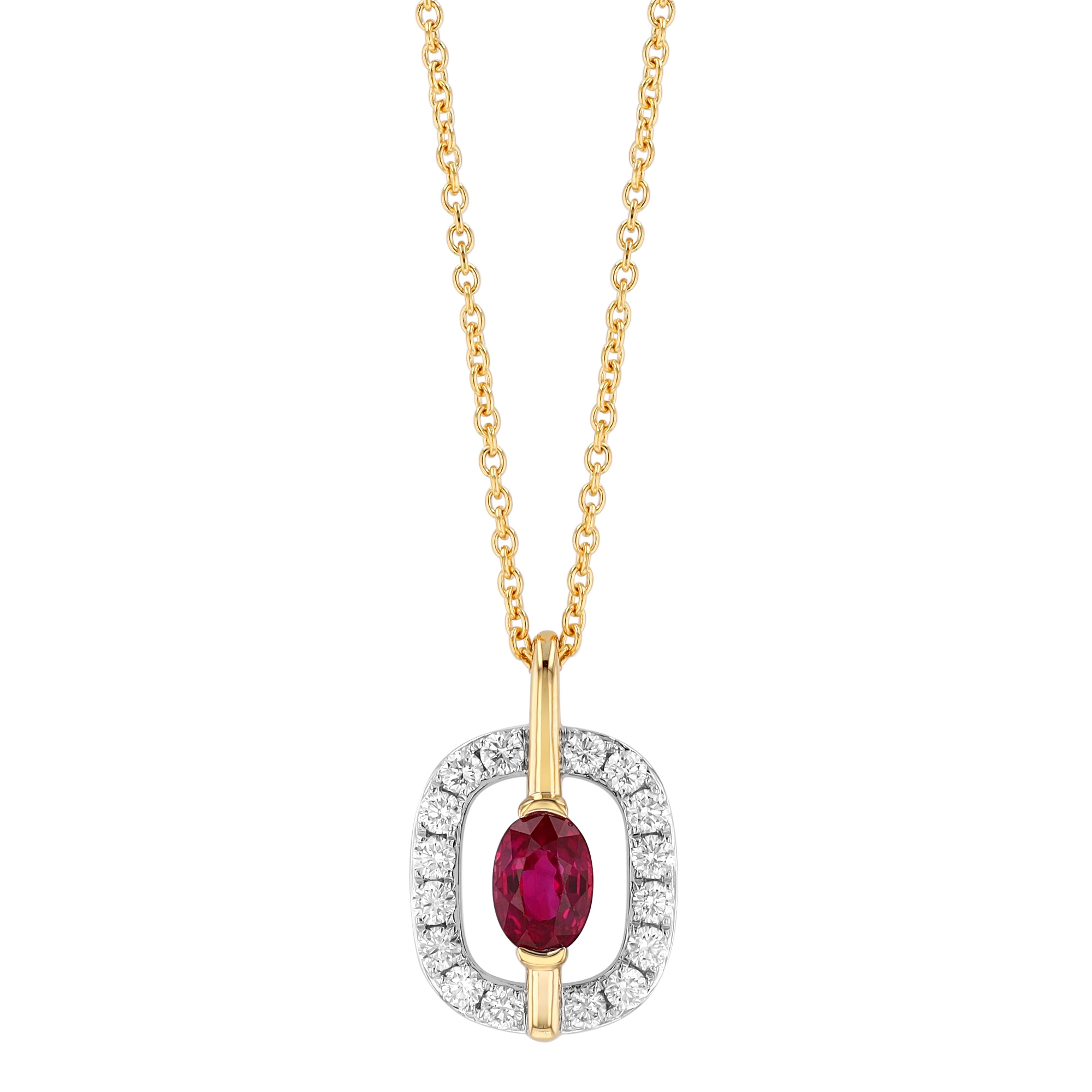 Oval Ruby & Diamond Square Pendant in Two Tone