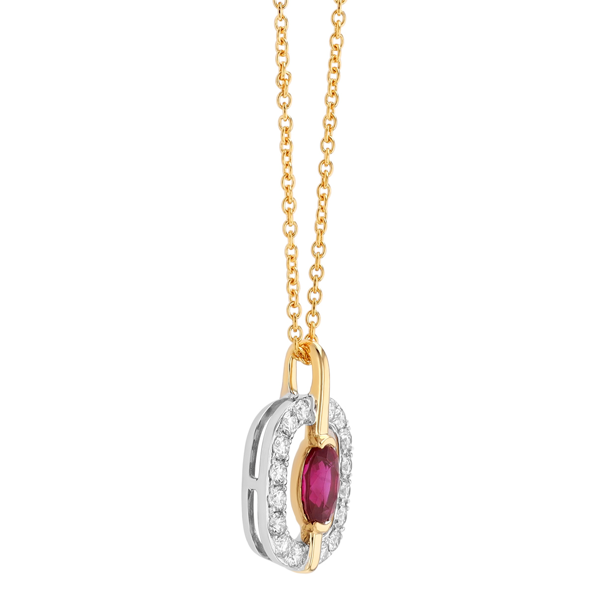 Oval Ruby & Diamond Square Pendant in Two Tone