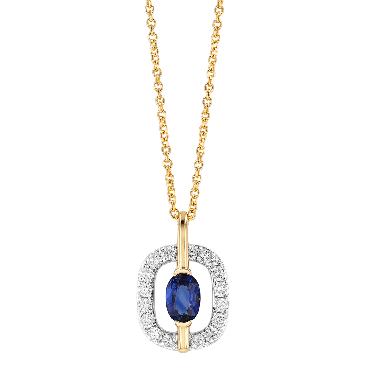 Oval Sapphire & Diamond Square Pendant in Two Tone