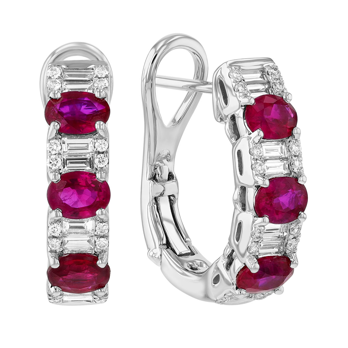 Oval Ruby & Mixed Shape Diamond Huggie Hoop Earrings in White Gold