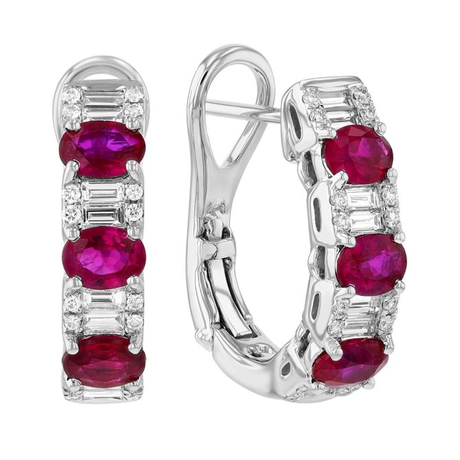 Oval Ruby & Mixed Shape Diamond Huggie Hoop Earrings in White Gold