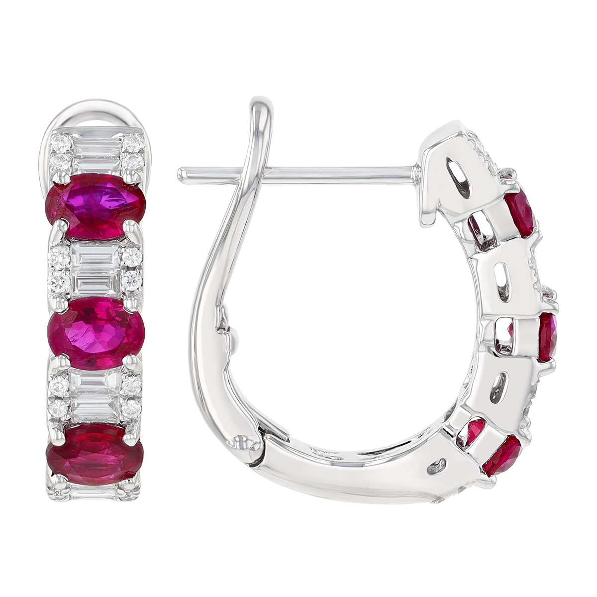 Oval Ruby & Mixed Shape Diamond Huggie Hoop Earrings in White Gold