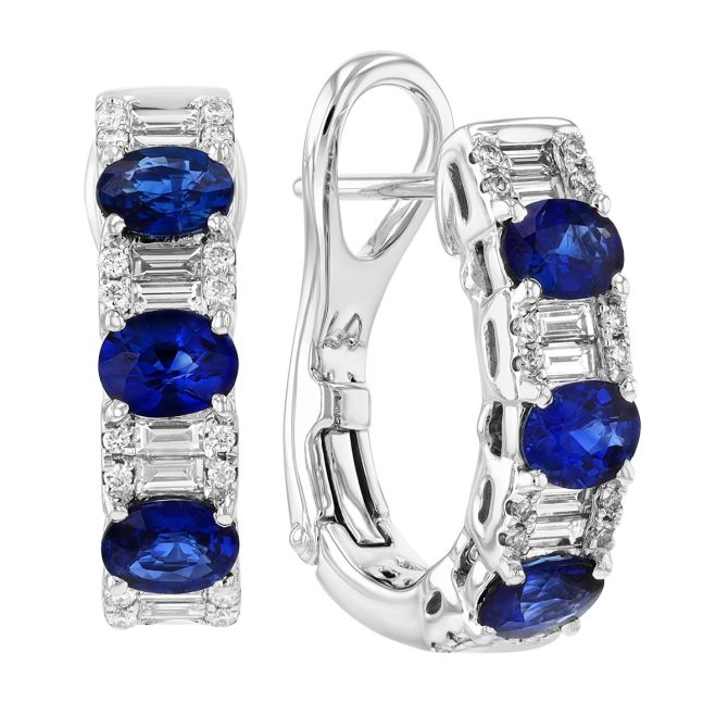 Oval Sapphire & Mixed Shape Diamond Huggie Hoop Earrings in White Gold