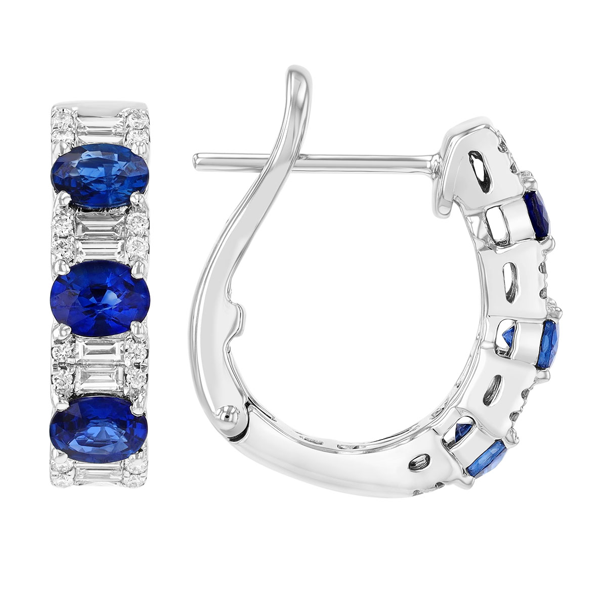 Oval Sapphire & Mixed Shape Diamond Huggie Hoop Earrings in White Gold