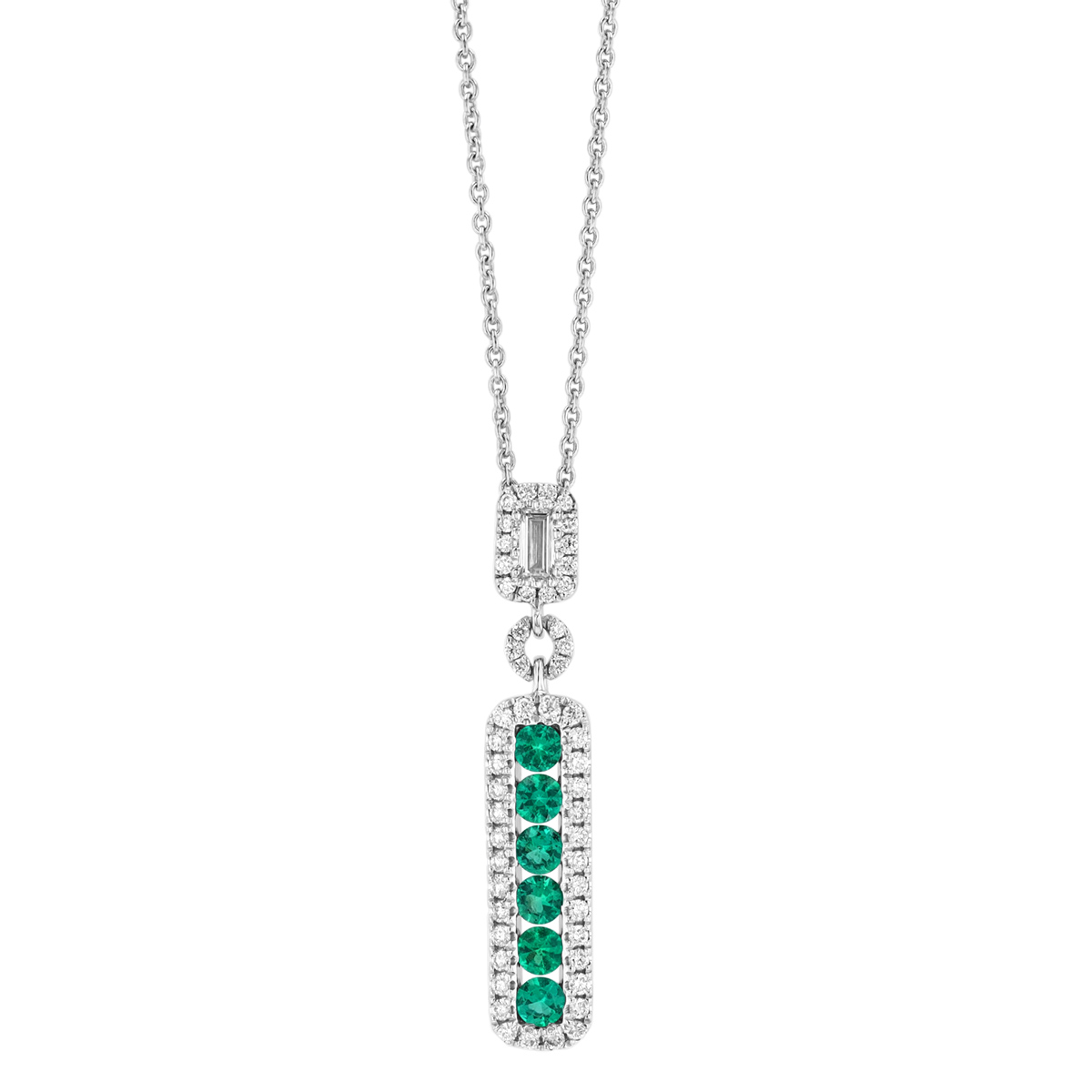 Emerald & Diamond Column Pendant in White Gold