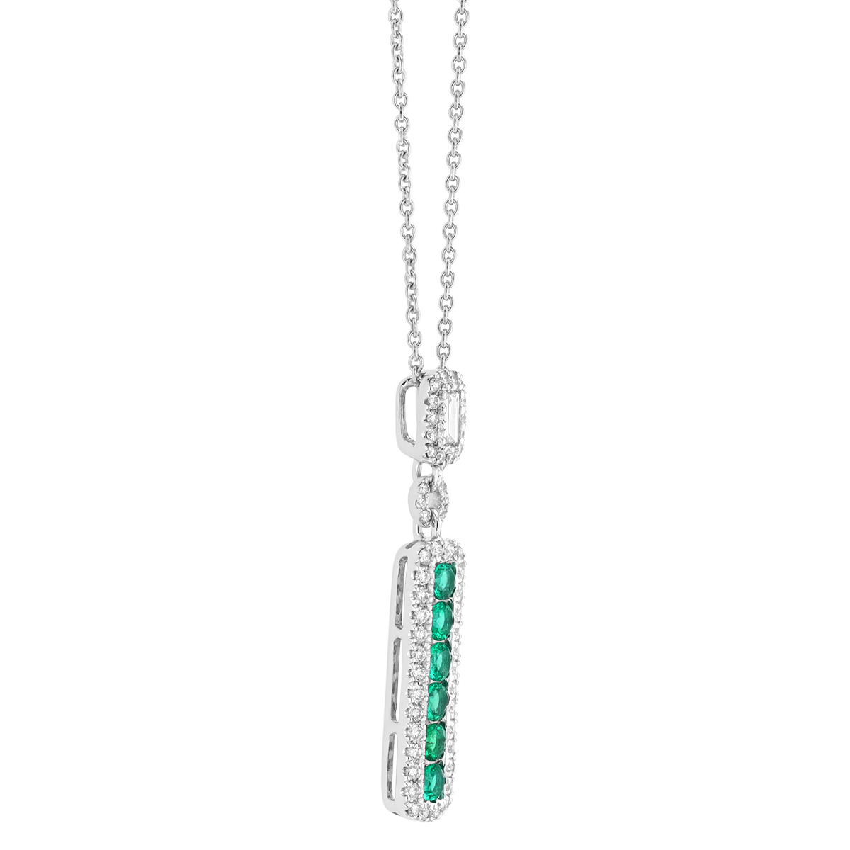 Emerald & Diamond Column Pendant in White Gold