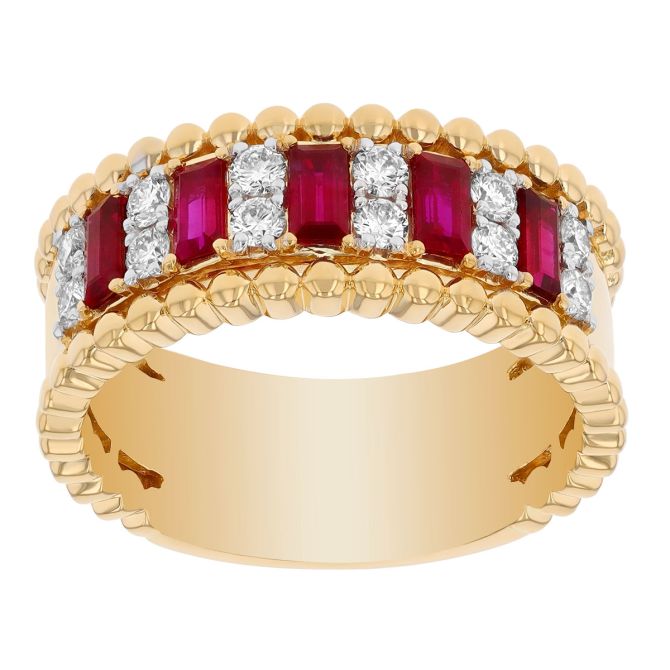 Baguette Ruby & Diamond Beaded Edge Ring in Two Tone