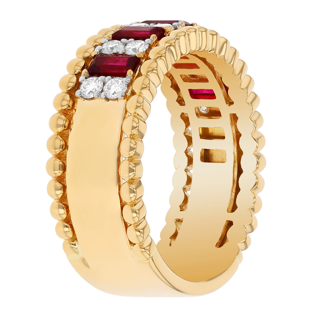 Baguette Ruby & Diamond Beaded Edge Ring in Two Tone