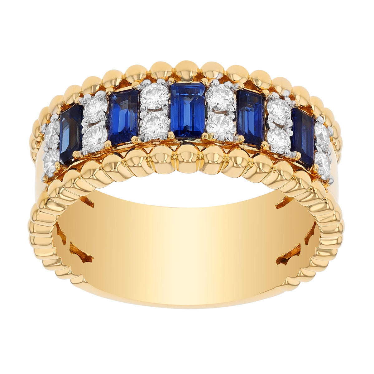 Baguette Sapphire & Diamond Beaded Edge Ring in Two Tone
