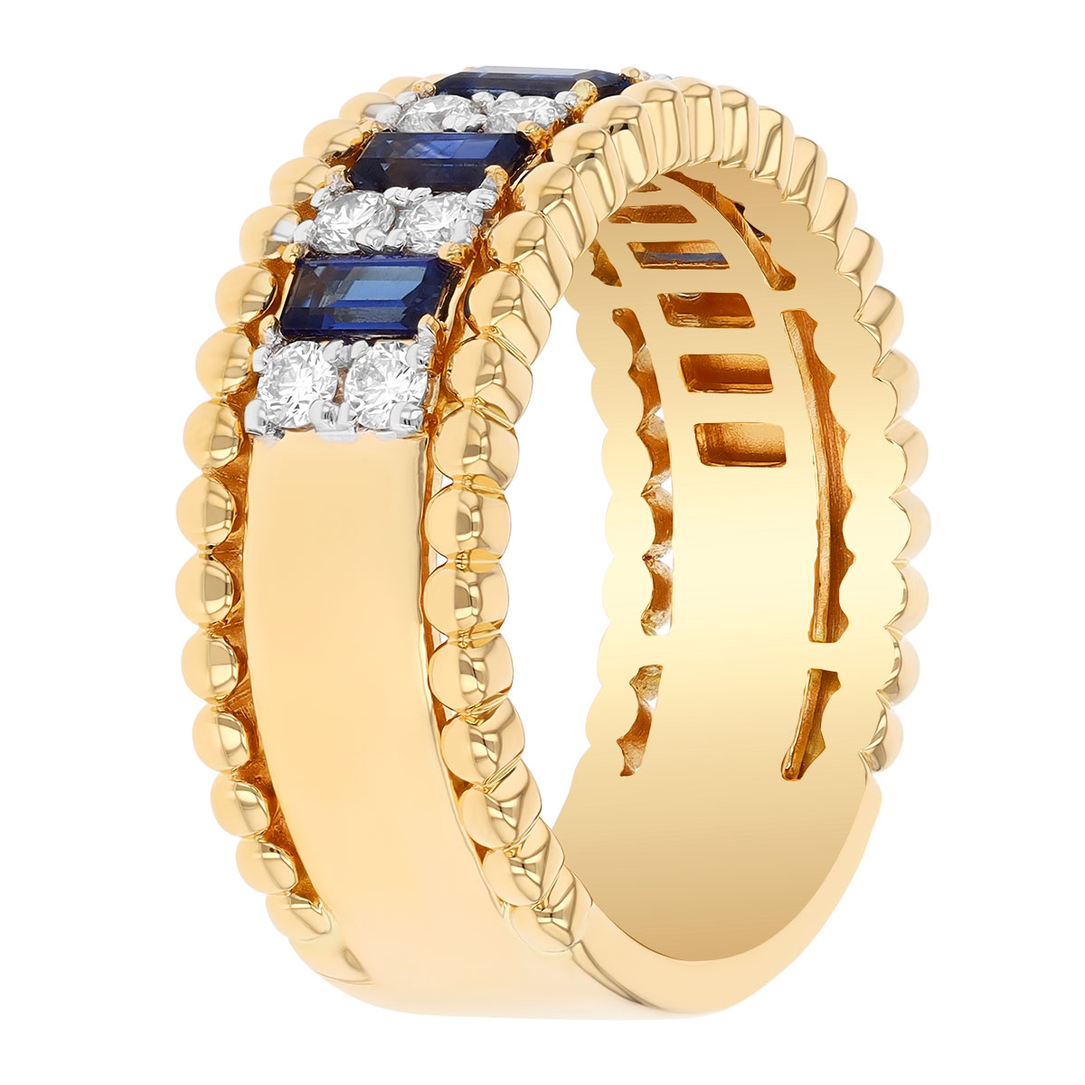 Baguette Sapphire & Diamond Beaded Edge Ring in Two Tone