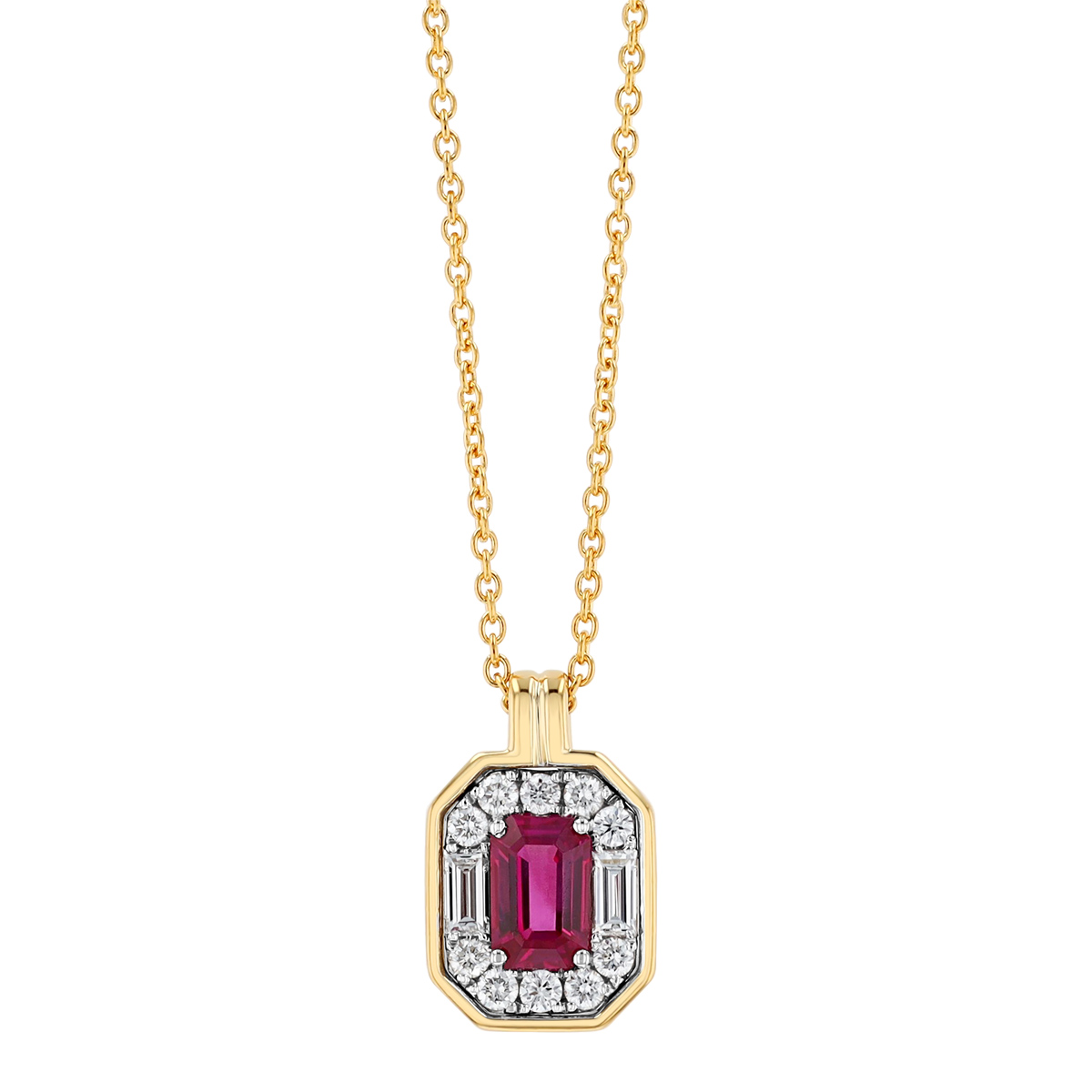 Emerald Cut Ruby & Multi Shape Diamond Halo Pendant in Two Tone