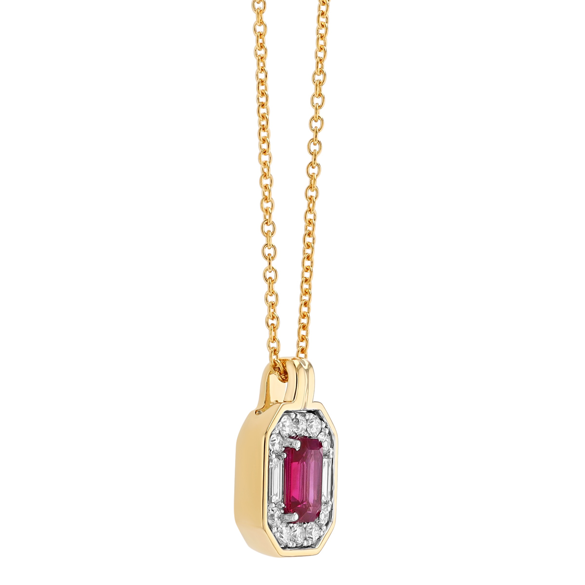 Emerald Cut Ruby & Multi Shape Diamond Halo Pendant in Two Tone